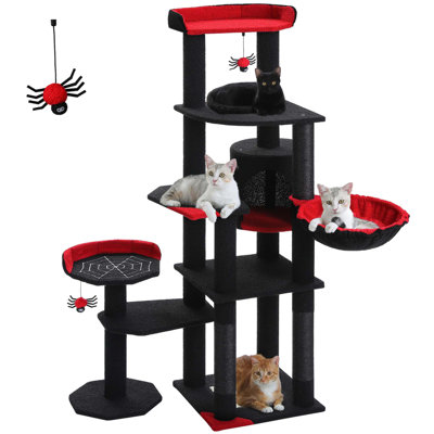 Tucker Murphy Pet Multi Level Cat Tree Cat Tower With 3 Removable Pompom Sticks Cat Condo With Hammock Scratching Post 2 Perches Wayfair